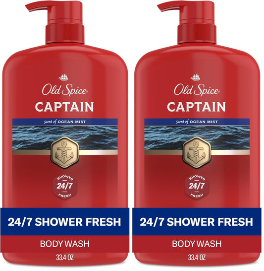 Old Spice Refreshing Body Wash for Men, 3X Defense, 24/7 Shower Fresh with Long Lasting Scent, Red Collection, Captain with Bergamot Scent, 33.4 oz,(Pack of 2)
