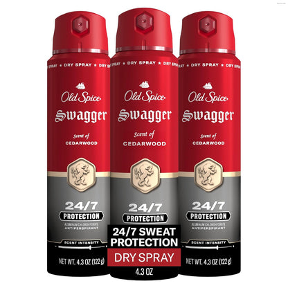 Old Spice Dry Spray Antiperspirant Deodorant for Men, 24/7 Sweat & Odor Protection, 24/7 Sweat Defense & Lasting Freshness, Swagger with Cedarwood Scent, 4.3 oz (Pack of 3)