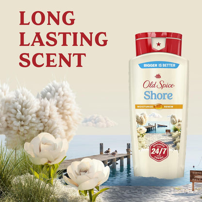 Old Spice Cleansing Body Wash for Men, 24/7 Shower Fresh with Lasting Scent, Moisturize & Renew, Gentle on Skin, Vitamin B3, Shore with Clean Cotton & Jasmine Scent, 18 oz