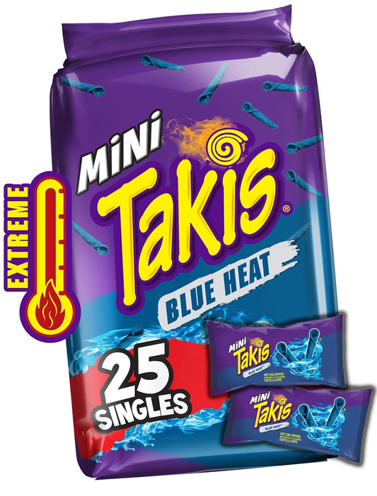 Takis Blue Heat Mini Rolled Tortilla Chips, 25 pc / 1.23 oz Multipack | Bite size hot chili pepper rolled tortilla corn chips, 25 mini bags for snacking, lunchboxes, and sharing; extremely spicy