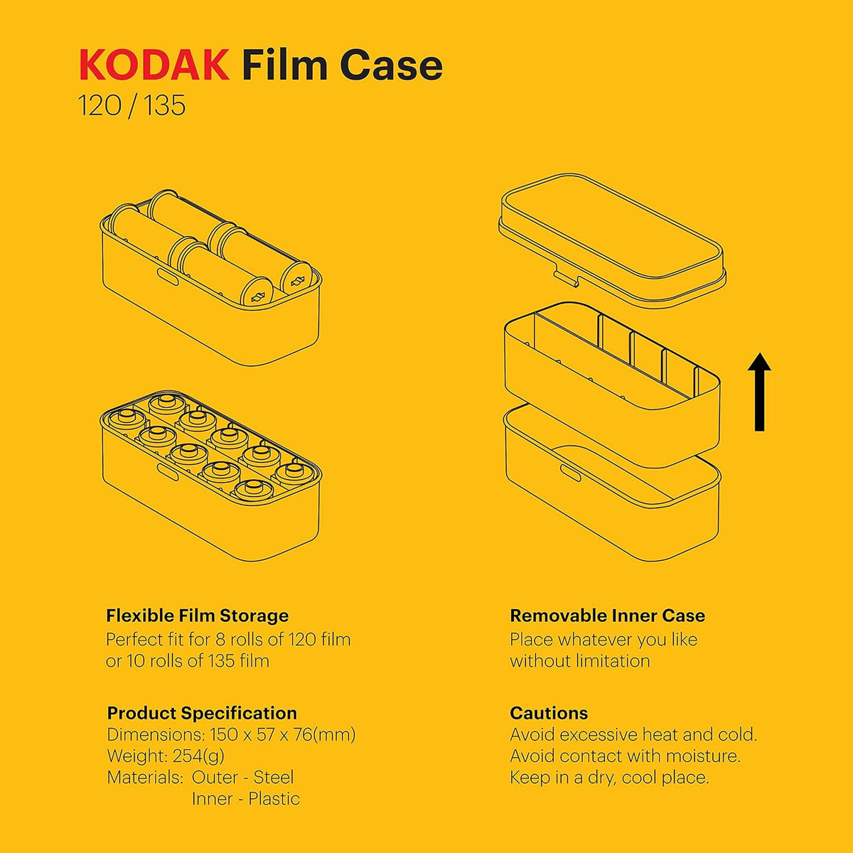 KODAK 120/135 Film Case - for 8 Rolls of 120 Films / 10 Rolls of 35mm Films - Retro Steel Case to Sort & Safeguard Film (Yellow) (Film is not Included)