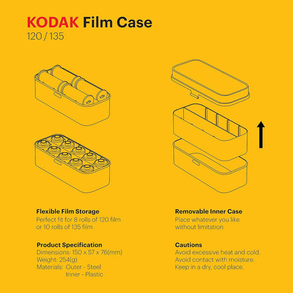 KODAK 120/135 Film Case - for 8 Rolls of 120 Films / 10 Rolls of 35mm Films - Retro Steel Case to Sort & Safeguard Film (Yellow) (Film is not Included)