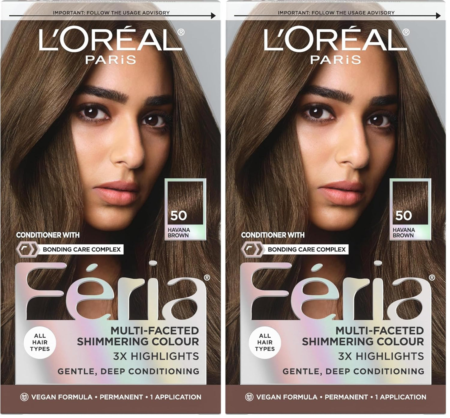L'Oreal Paris Feria Multi-Faceted Shimmering Permanent Hair Color, 50 Havana Brown (Medium Brown), Pack of 2, Hair Dye