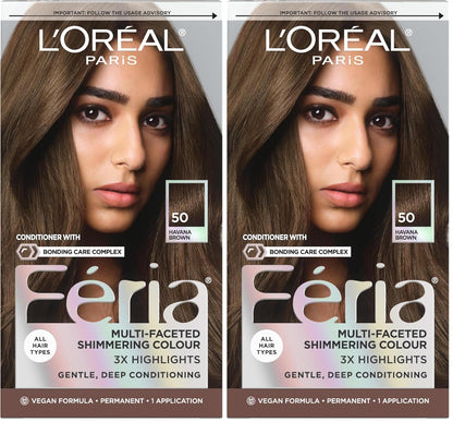 L'Oreal Paris Feria Multi-Faceted Shimmering Permanent Hair Color, 50 Havana Brown (Medium Brown), Pack of 2, Hair Dye