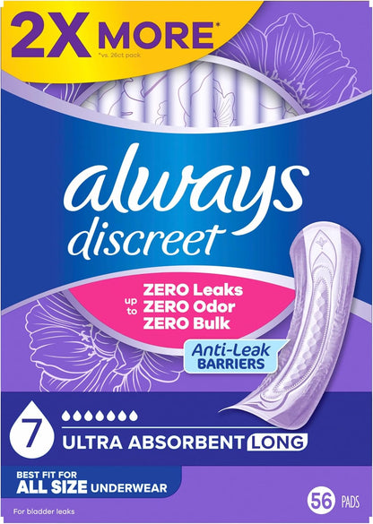 Always Discreet Adult Incontinence Pads for Women, Ultra Absorbency, Long Length, Postpartum Pads, Up to 100% Bladder Leak Protection, 56 Count