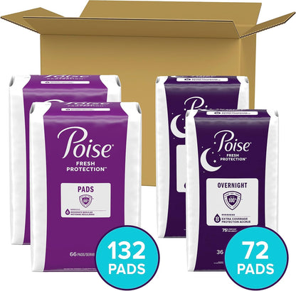 Poise Incontinence Pads & Postpartum Incontinence Pads for Women Bundle: 4 Drop Moderate Absorbency, Regular Length, 132ct and 8 Drop Overnight Absorbency, Extra-Coverage Length, 72ct