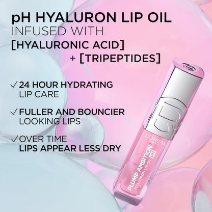 L'Oreal Paris Plump Ambition pH Hyaluron Lip Oil, Color Shifting Lip Tint with 24HR Hydration, Volumizing Shine and Lasting Color, 090 pH Berry Noir