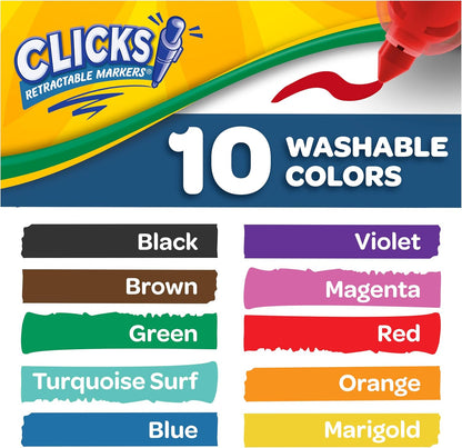 Crayola Clicks Retractable Tip Markers (10ct), Washable Cone Tip Art Marker Set, Cute Aesthetic School Supplies, Classroom Must Haves, Ages 3+