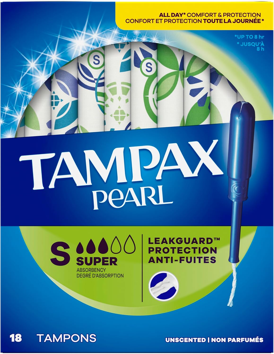 Tampax Pearl Tampons Super Absorbency, With Leakguard Braid, Unscented, 18 Count