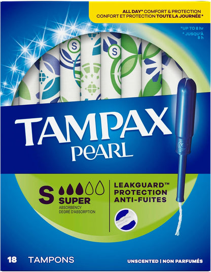 Tampax Pearl Tampons Super Absorbency, With Leakguard Braid, Unscented, 18 Count