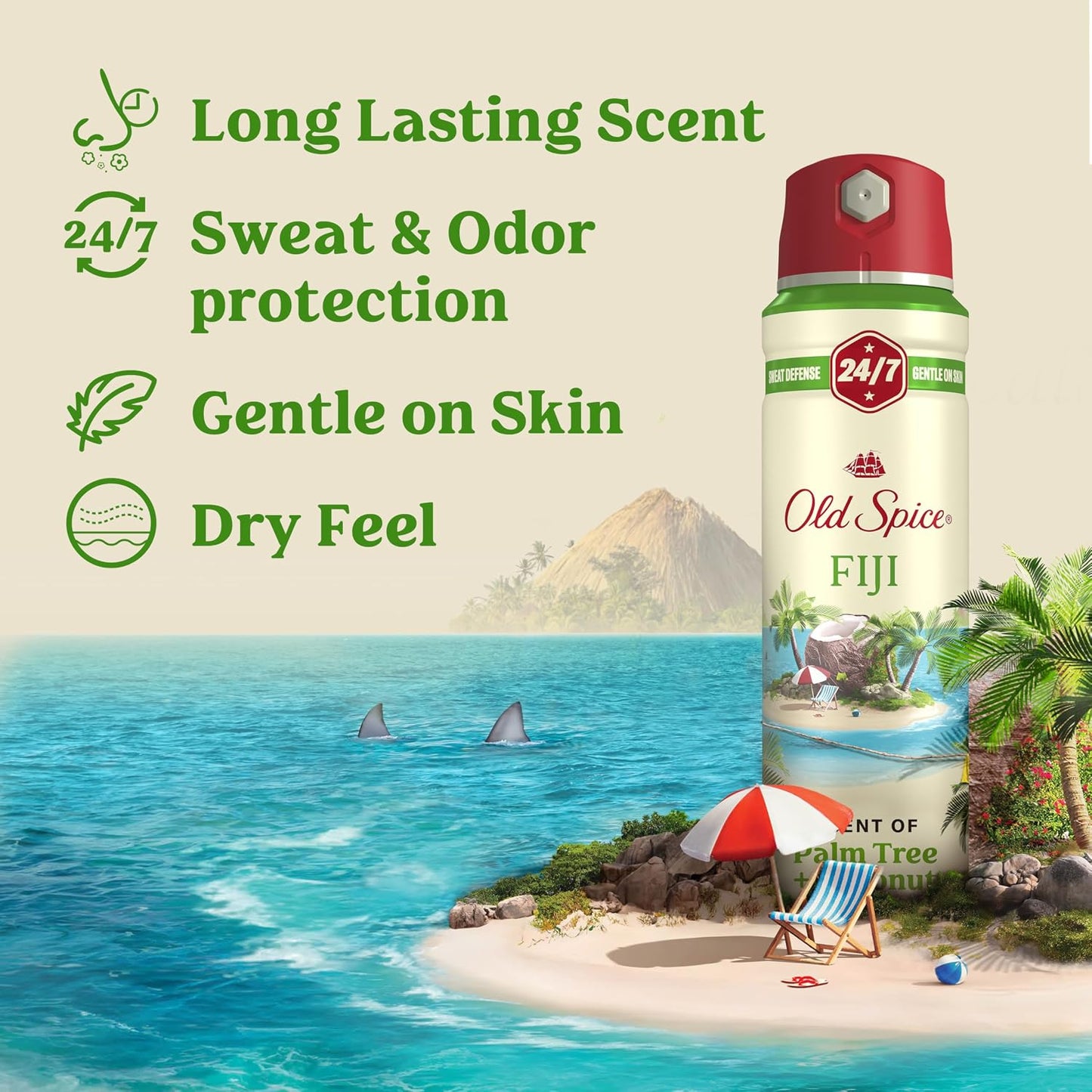 Old Spice Dry Spray Antiperspirant Deodorant for Men, 24/7 Freshness, 24/7 Sweat & Odor Protection, Gentle on Skin with Skin Conditioners, Fiji with Palm Tree + Coconut, 4.3 oz (Pack of 3)
