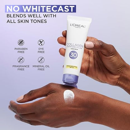 L'Oreal Paris Collagen Moisture Filler Face Cream with Broad Spectrum SPF 30, Anti-Aging Moisturizer and Daily Sunscreen, Includes Face Serum Sample