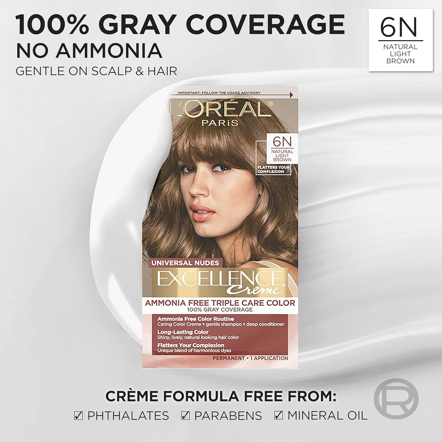 L’Oreal Paris Excellence Universal Nudes Permanent Hair Color, Ammonia Free Hair Dye for Gray Hair Coverage, 6N Natural Light Brown, 1 Kit (Pack of 2)