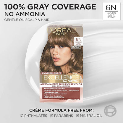 L’Oreal Paris Excellence Universal Nudes Permanent Hair Color, Ammonia Free Hair Dye for Gray Hair Coverage, 6N Natural Light Brown, 1 Kit (Pack of 2)