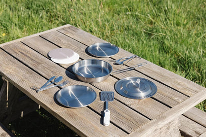 STANLEY Wildfare Pro 15-Piece Stainless Steel Fry Pan Cook Set | 8.75 in Fry Pan with Fold & Lock Handle | Plates and Utensils | Camping Essentials for Your Camp Kitchen | BPA-Free