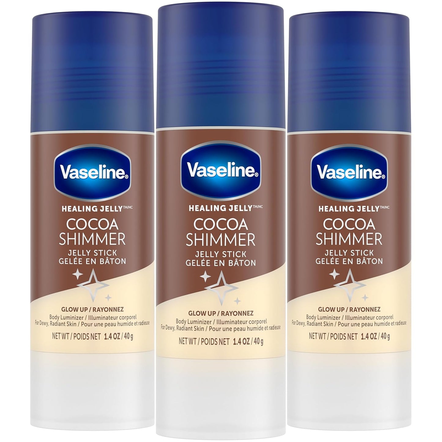Vaseline Cocoa Shimmer Jelly Stick – Non-Greasy Moisturizer for Glowing Skin, Face & Body Lotion, Travel-Size, 1.4 Oz Ea, Pack of 3. | Non-Greasy Face & Body Moisturizer for Radiant Skin | Smooth Chafing, Rough Elbows & Heels | Mess-Free Application