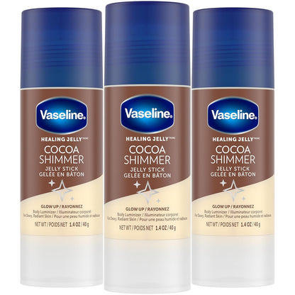 Vaseline Cocoa Shimmer Jelly Stick – Non-Greasy Moisturizer for Glowing Skin, Face & Body Lotion, Travel-Size, 1.4 Oz Ea, Pack of 3. | Non-Greasy Face & Body Moisturizer for Radiant Skin | Smooth Chafing, Rough Elbows & Heels | Mess-Free Application