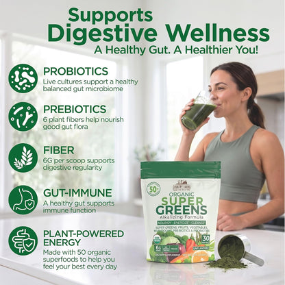 Country Farms Super Greens Natural Flavor, 50 Organic Super Foods, USDA Organic Drink Mix (Wheat Grass, Spirulina, Chlorella) Mushrooms & Probiotics, Fiber, Gut Health, Natural Energy, 30 Servings