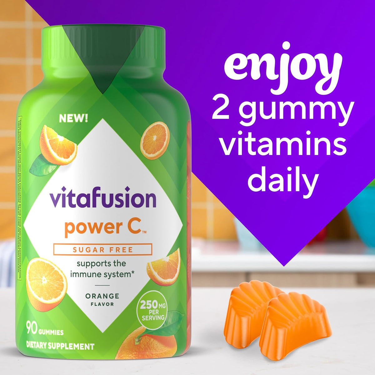Vitafusion Sugar Free Power C Vitamin C Gummies,Daily Adult Vitamins for Immune System Support (1),Orange Flavor,90 Count (Pack of 2)