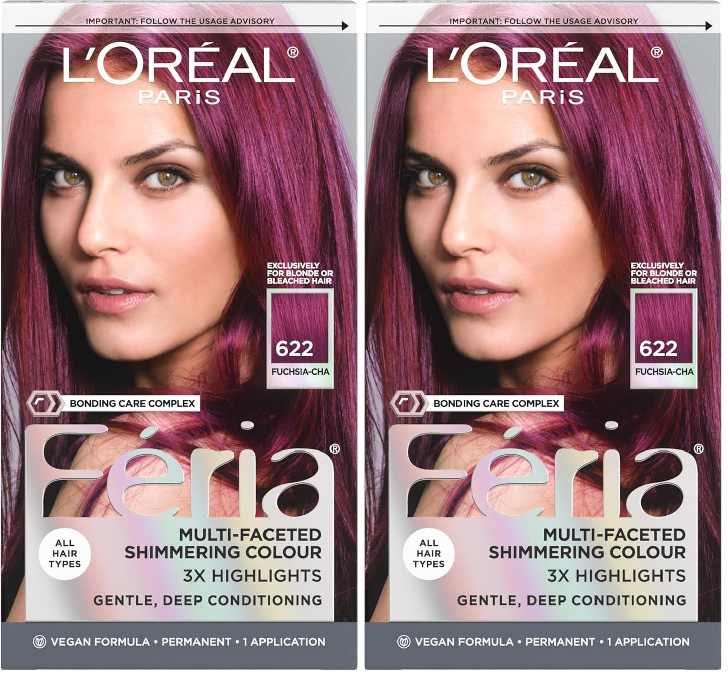L'Oreal Paris Feria Multi-Faceted Shimmering Permanent Hair Color, 622 Fuchsia-cha, Pack of 2 Hair Dye Kit