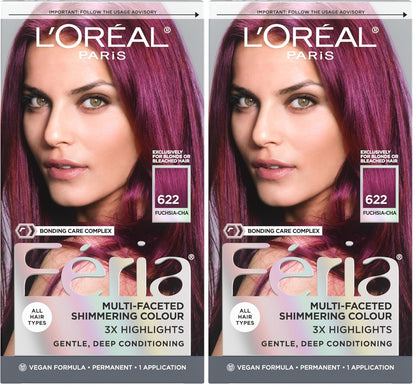 L'Oreal Paris Feria Multi-Faceted Shimmering Permanent Hair Color, 622 Fuchsia-cha, Pack of 2 Hair Dye Kit