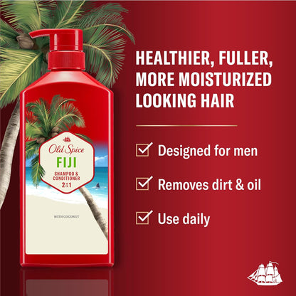 Old Spice Mens 2-in-1 Shampoo and Conditioner, Fiji, Coconut & Tropical Wood Scent, For All Hair Types, Healthier, Fuller, Moisturized Looking Hair, 21.9 fl oz