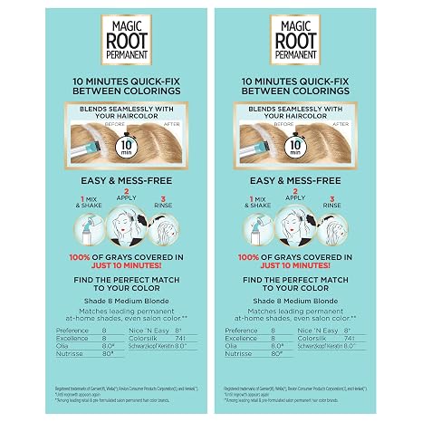 L'Oreal Paris Magic Root Permanent Hair Color Kit, 100% Gray Hair Coverage In Just 10 Minutes, Precision Brush Applicator for Seamless Application, 8 Medium Blonde (2 Count)