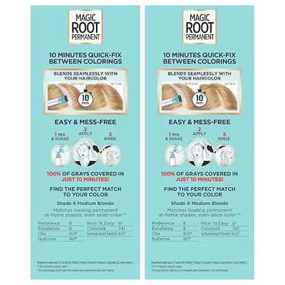 L'Oreal Paris Magic Root Permanent Hair Color Kit, 100% Gray Hair Coverage In Just 10 Minutes, Precision Brush Applicator for Seamless Application, 8 Medium Blonde (2 Count)