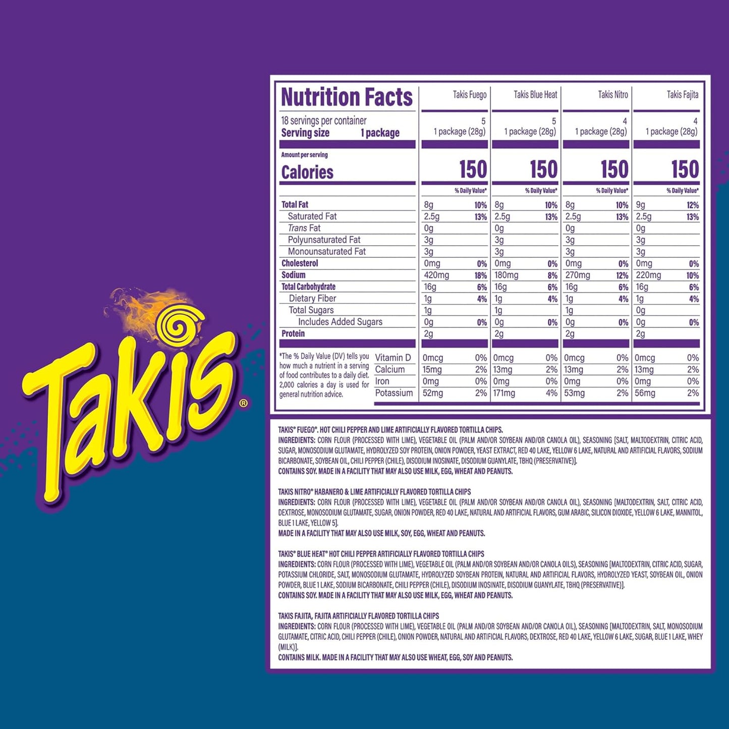 Takis Assorted Variety Pack Rolled Tortilla Chips, 18 Count | (5) Fuego, (5) Blue Heat, (4) Nitro, (4) Crunchy Fajita, Mild to Extremely Spicy, 1oz Individual Bags for Snacking