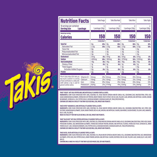 Takis Assorted Variety Pack Rolled Tortilla Chips, 18 Count | (5) Fuego, (5) Blue Heat, (4) Nitro, (4) Crunchy Fajita, Mild to Extremely Spicy, 1oz Individual Bags for Snacking