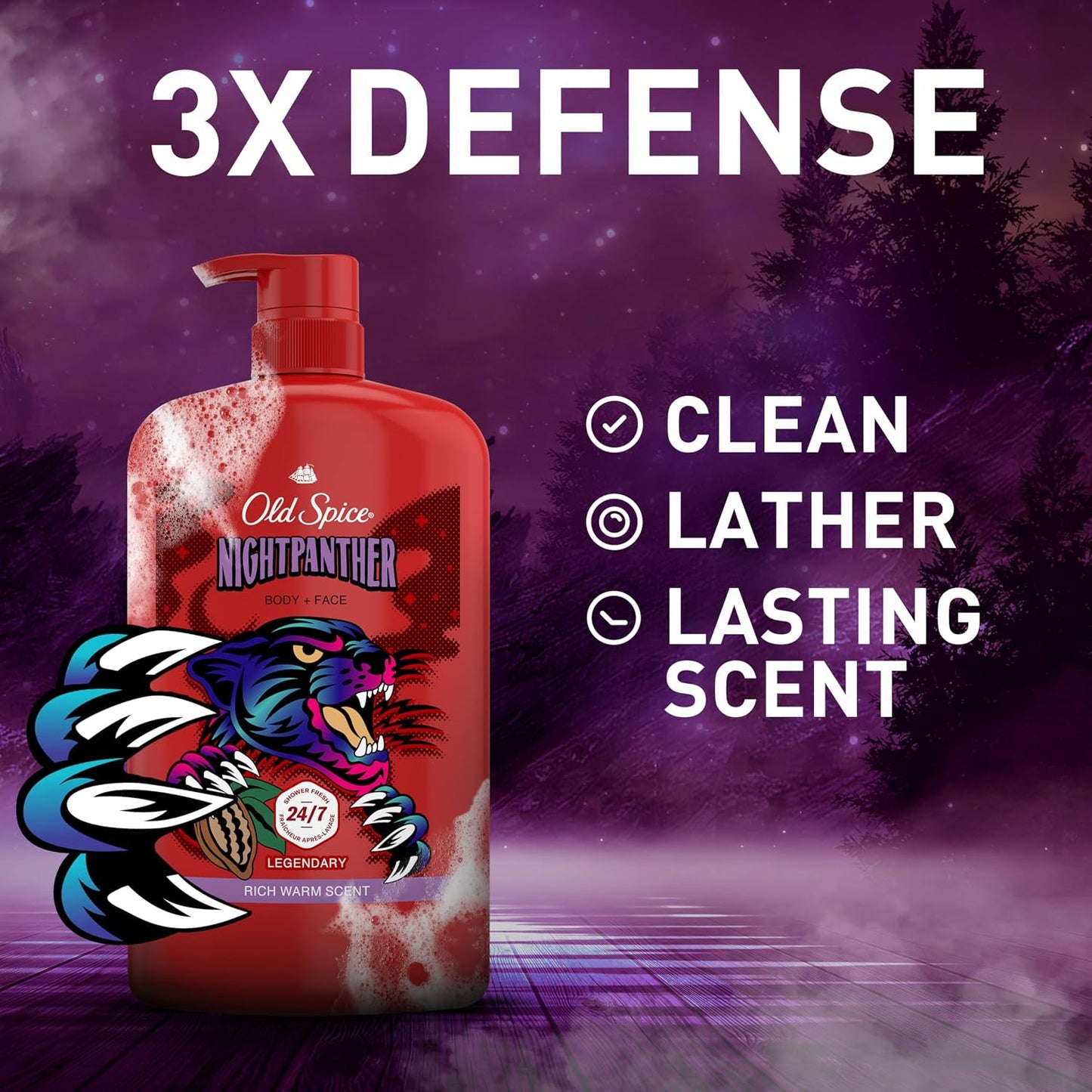 Old Spice Cleansing Body Wash for Men, 3X Defense, 24/7 Shower Fresh with Lasting Scent, 2 in 1 Body and Face Wash, Daily Men’s Wash and Shower Gel, NightPanther Rich Warm Masculine Scent, 33.4 oz