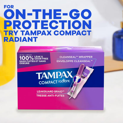 Tampax Radiant Tampons for Women Multipack, with LeakGuard Braid, Regular/Super Absorbency, Unscented, 84 Count (3 Packs of 28), Packaging May Vary
