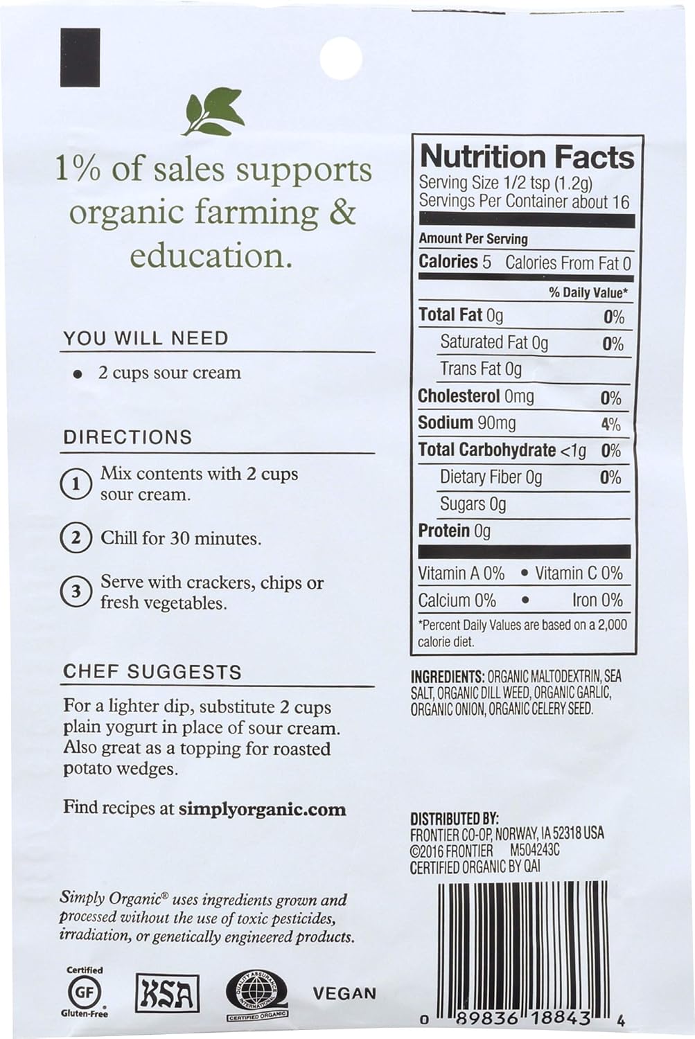 Simply Organic Creamy Dill Dip, Certified Organic, Gluten-Free | 0.7 oz | Pack of 3