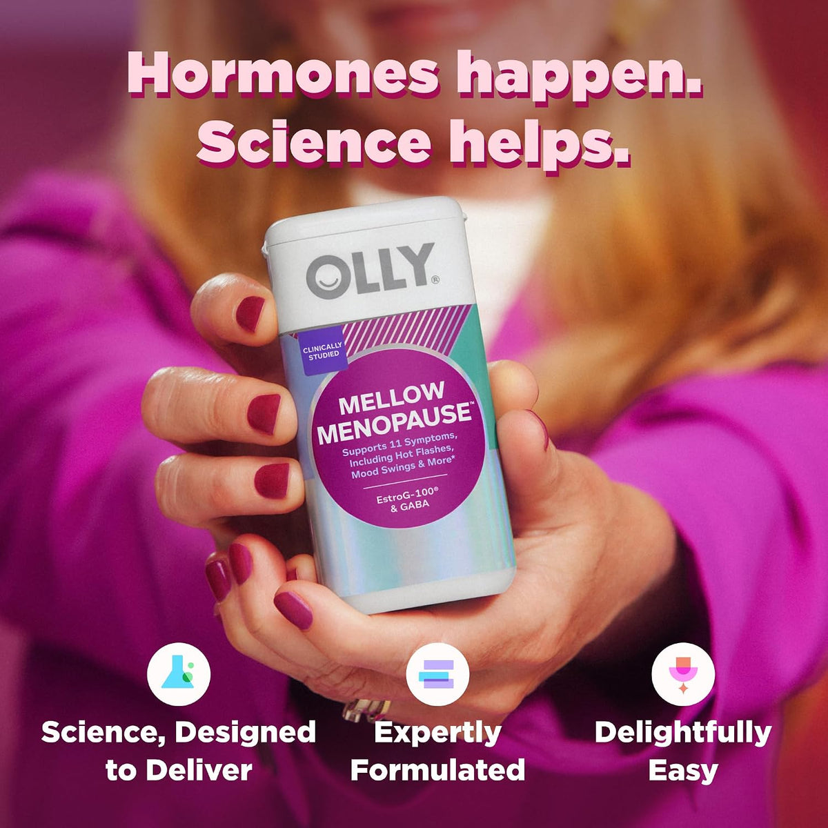 OLLY Mellow Menopause Supplements, Supports 11 Symptoms* - 30 Count