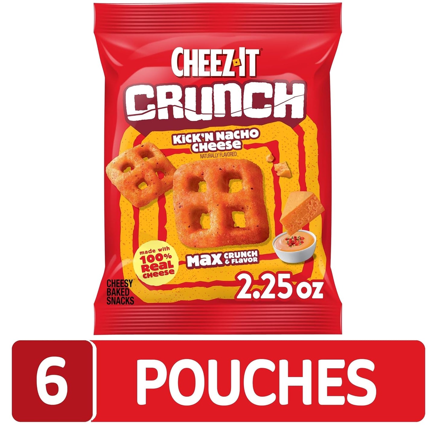 Cheez-It Crunch Cheesy Baked Snacks, Lunch Snacks, Kick'n Nacho Cheese (6 Pouches)
