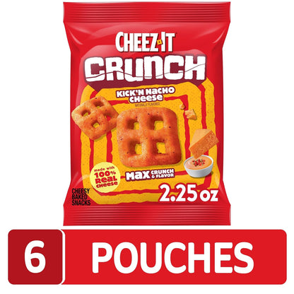 Cheez-It Crunch Cheesy Baked Snacks, Lunch Snacks, Kick'n Nacho Cheese (6 Pouches)