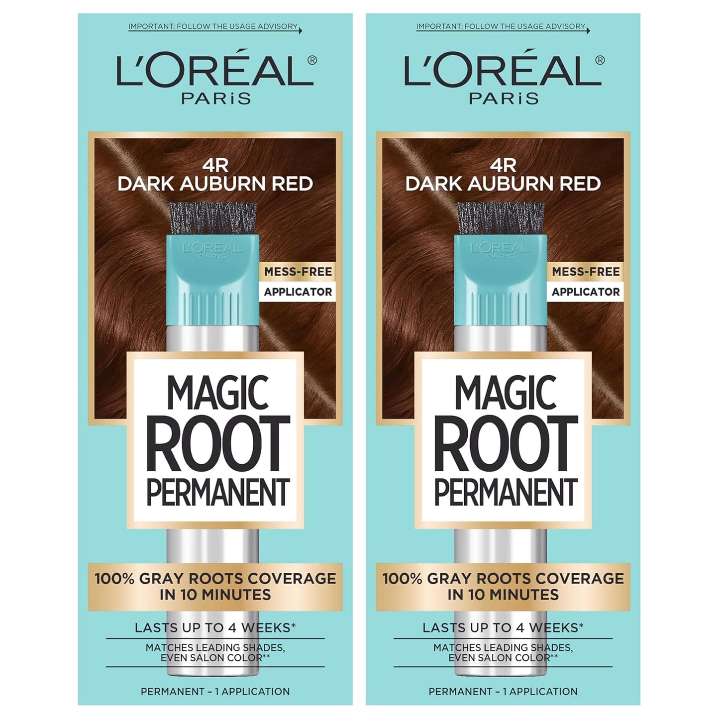 L'Oreal Paris Magic Root Permanent Hair Color Kit, 100% Gray Hair Coverage In Just 10 Minutes, Precision Brush Applicator for Seamless Application, 4R Dark Auburn Red (2 Count)