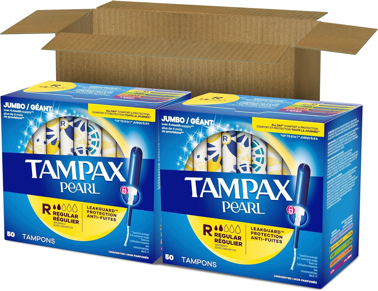 Tampax Pearl Tampons Regular Absorbency, with Leakguard Braid, Unscented, 50 Count x 2 Packs (100 Count Total) (Packaging May Vary)