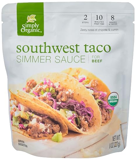 Simply Organic Southwest Taco Simmer Sauce, 8 Ounce Pouch, Bold Flavor, For Beef, Pork or Chicken Tacos (Pack of 6)
