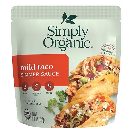 Simply Organic Mild Taco Simmer Sauce, 8 Ounce Pouch, Vibrant & Tangy, For Chicken and Baja-style Fish Tacos (Pack of 6)