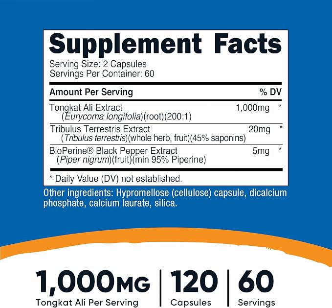 Nutricost Tongkat Ali 1,000mg 120 Capsules - with Tribulus Terrestris and BioPerine, Vegetarian Caps, Non-GMO, Gluten Free, Potent Extract (Pack of 2)