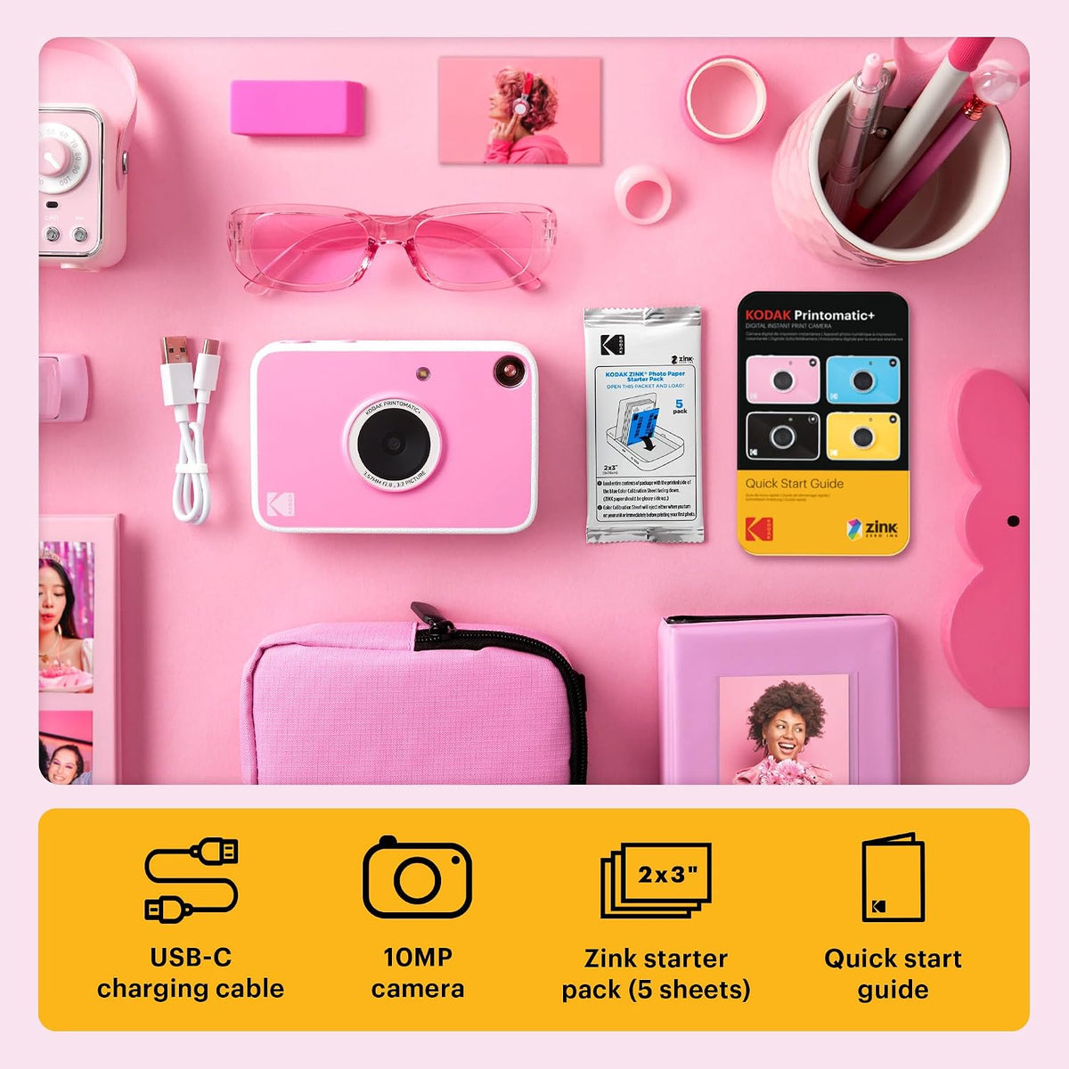 Kodak Printomatic+ Instant Print Digital Camera (Pink) 10MP Portable Camera with Interactive RGB LED Status Indicator, Prints Full-Color Photos on Zink 2x3” Sticky-Backed Photo Paper - Easy & Fun