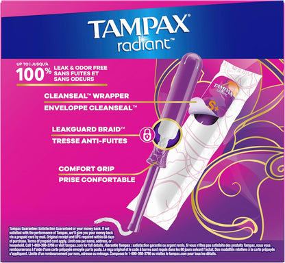 Tampax Radiant Tampons, with LeakGuard Braid, Super Plus Absorbency, Unscented, 28 Count, Packaging May Vary