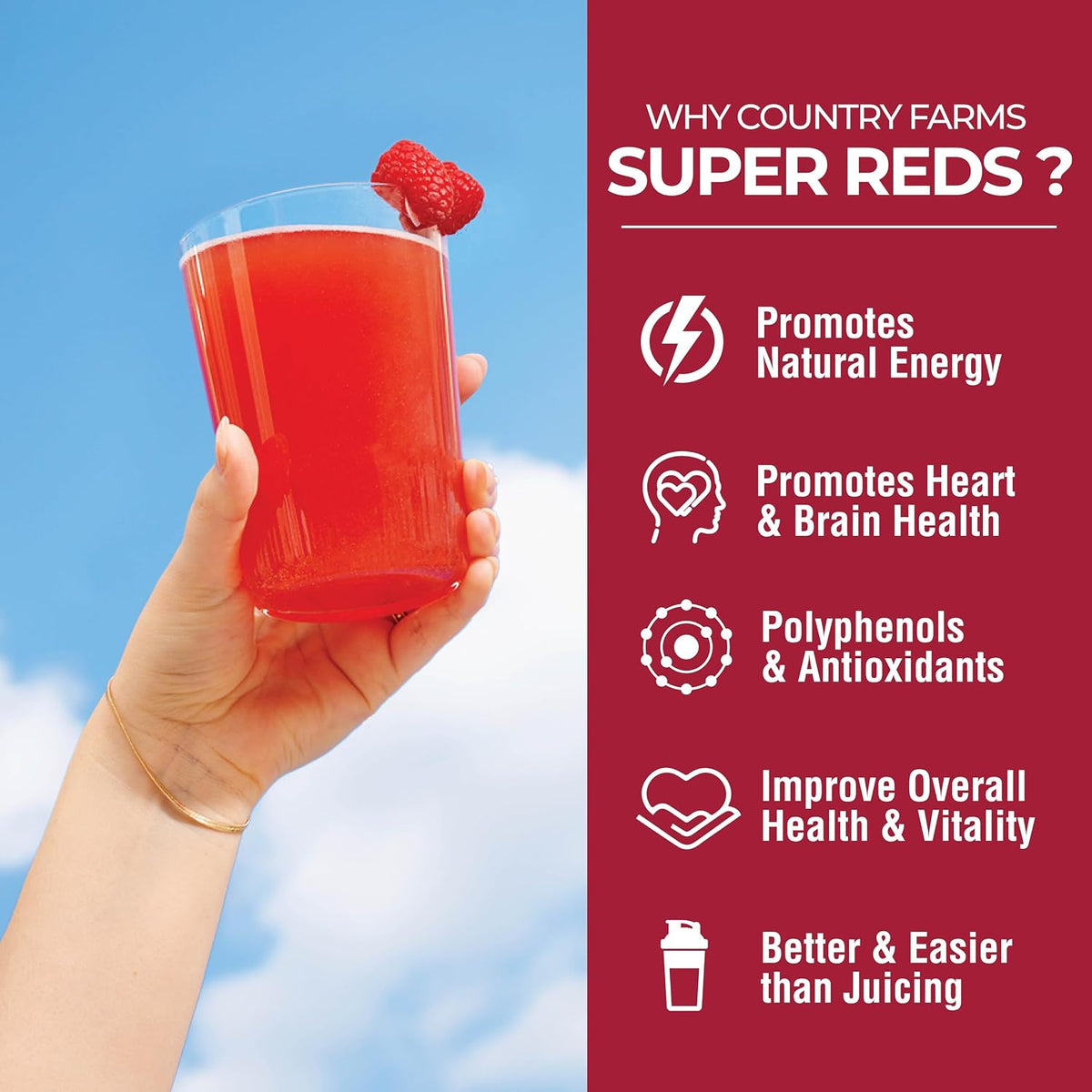 Country Farms Super Reds, Energizing Polyphenol Superfood, Over 40 Super Fruits and Berries, Powerful Antioxidants and Polyphenols, Supports Energy, Supports Circulation, 20 Servings, Mixed Berry