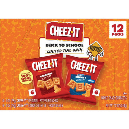 Cheez-It Letters Baked Snack Crackers, Back to School, Lunch Snacks, Variety Pack (12 Packs)