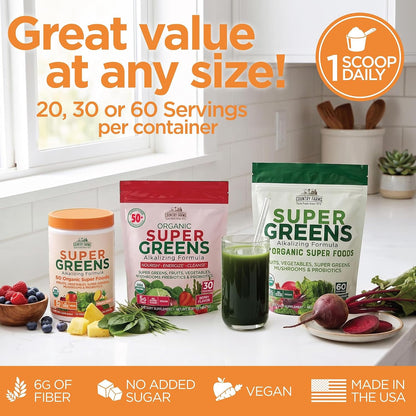 Country Farms Super Greens Pineapple-Mango Flavor, 50 Organic Super Foods, USDA Organic Drink Mix (Wheat Grass, Spirulina, Chlorella) Mushrooms & Probiotics, with Fiber, Natural Energy, 30 Servings
