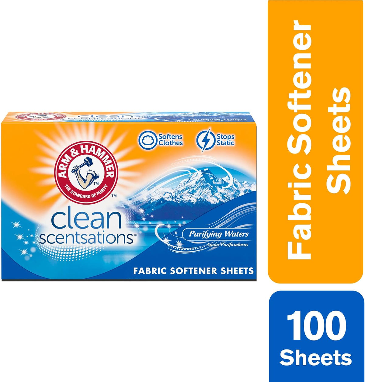 ARM & HAMMER Fabric Softener Dryer Sheets, Purifying Waters, 100 Count