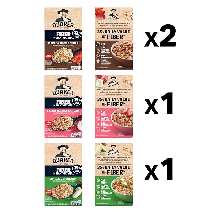 Quaker Instant Oatmeal, Fiber Boost, 3 Flavor Variety pack, 32 Count