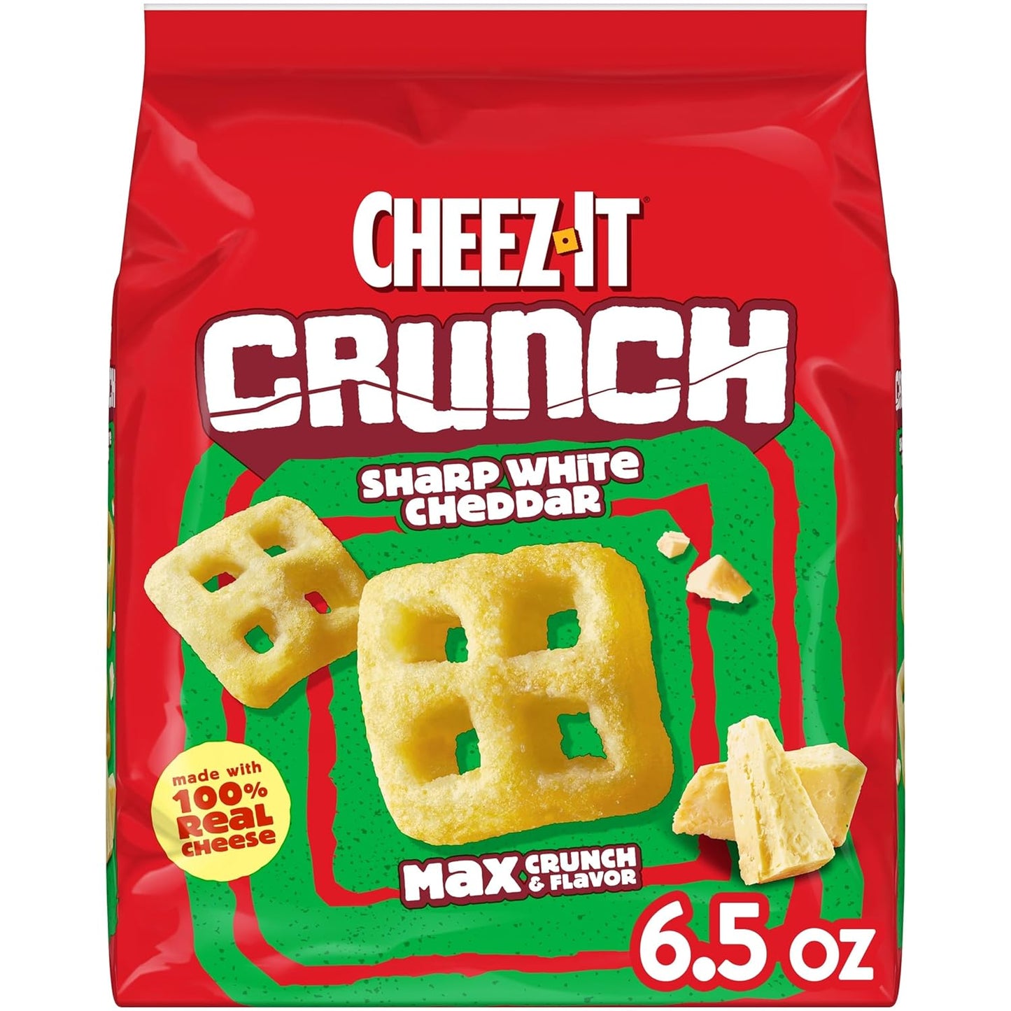Cheez-It Crunch Cheesy Baked Snacks, Lunch Snacks, Sharp White Cheddar, 6.5oz Bag (1 Bag)