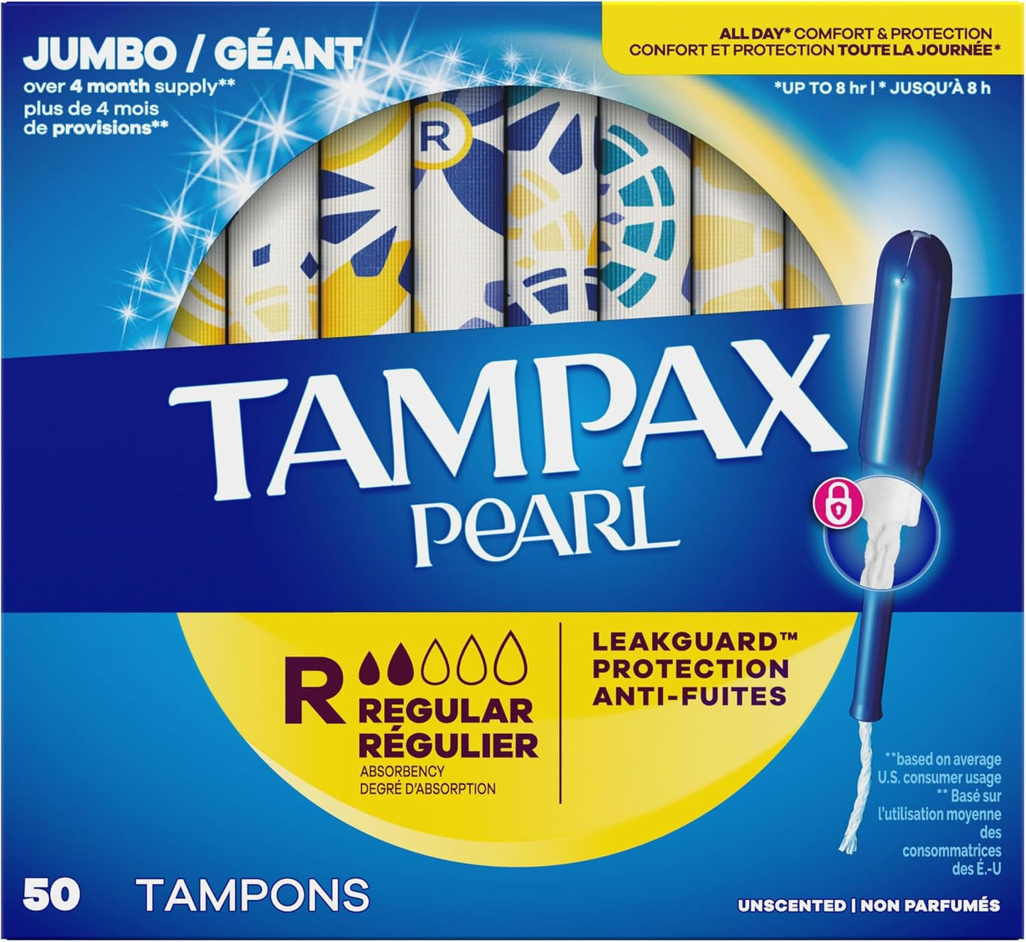 Tampax Pearl Tampons for Women, with LeakGuard Braid, Regular Absorbency, Unscented, 50 Count